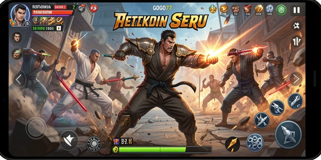 Screenshot GOGO77 menampilkan aksi pertarungan yang intens dan mendebarkan.