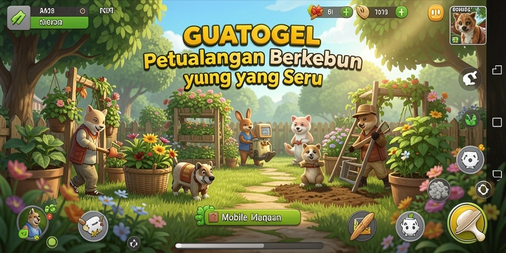 Tampilan gameplay GUATOGEL dengan ladang yang subur dan hewan yang menggemaskan.