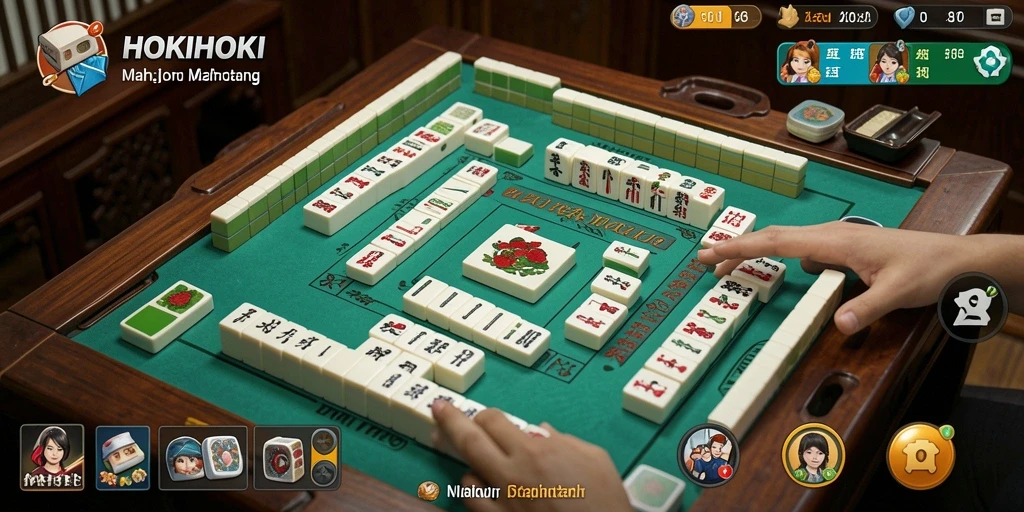 Tampilan gameplay HOKIHOKI dengan desain ubin Mahjong yang berwarna-warni.