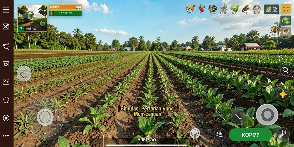 Screenshot KOPI77 menampilkan aktivitas bercocok tanam yang seru.