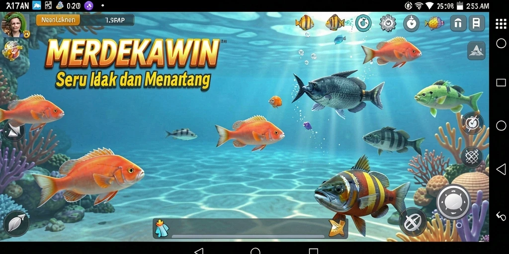 Tampilan gameplay menarik dalam MERDEKAWIN dengan aksi menembak ikan.