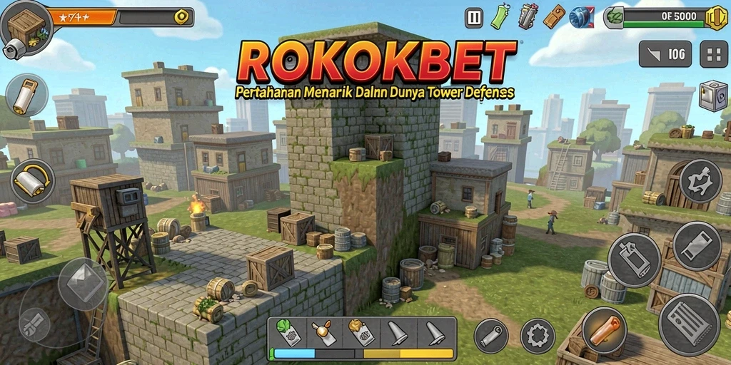 Tampilan gameplay ROKOKBET dalam pertahanan menara yang seru.