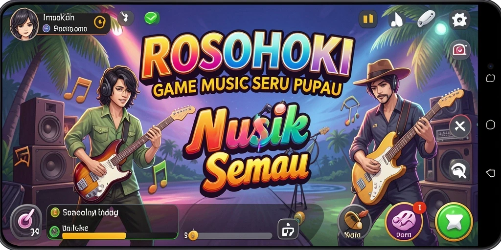Screenshot gameplay ROSOHOKI menampilkan pemain menikmati musik dan tantangan.